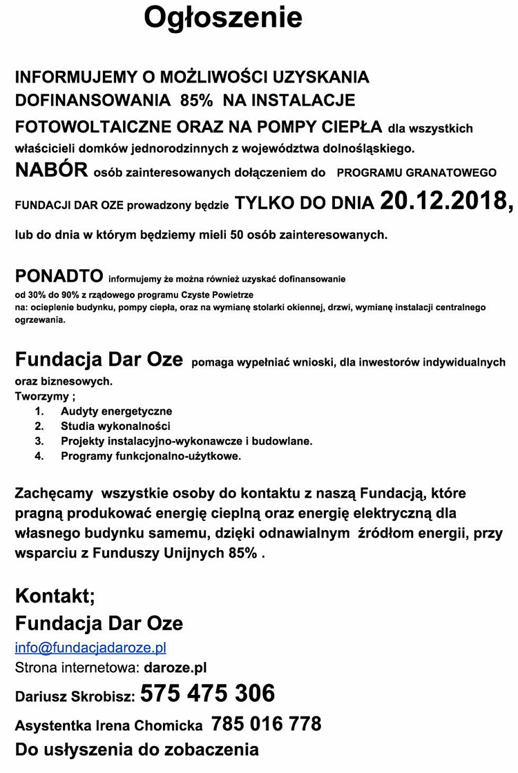 Dar Oze Dolny Śląsk Ogłoszenie Dotacje dla Dolnego Śląska