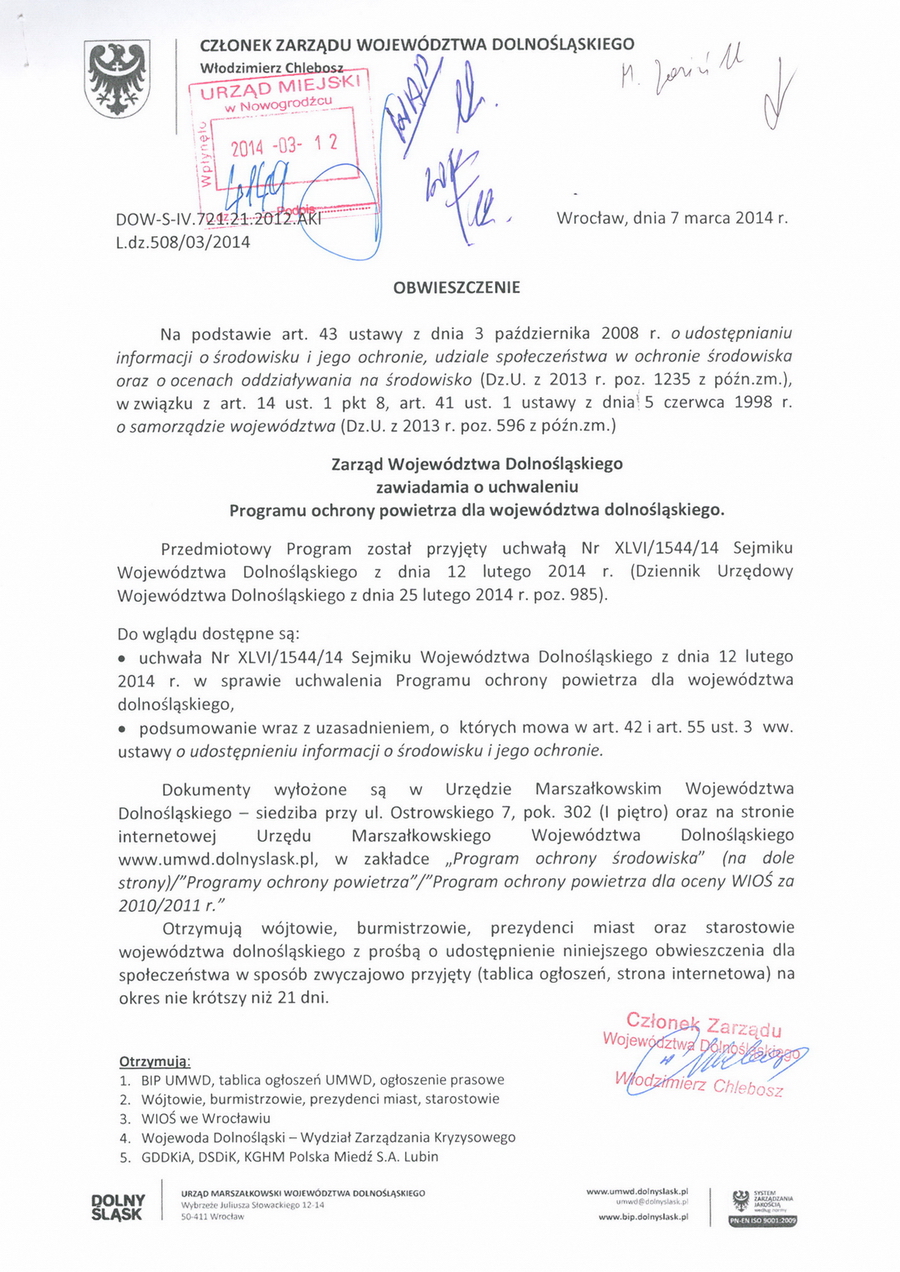Obwieszczenie Zarządu Województwa Dolnośląskiego
