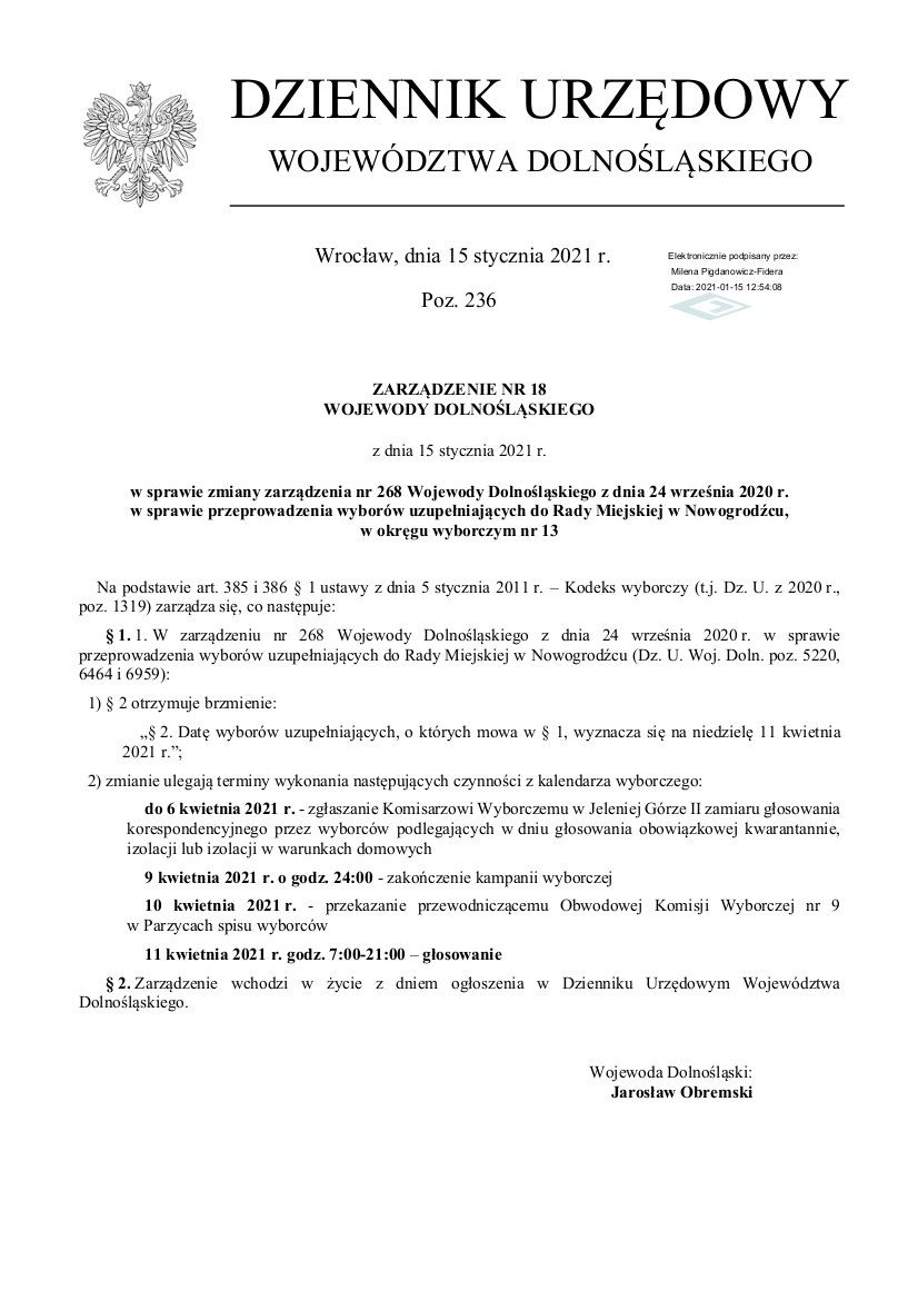 Zarządzenie Wojewody zmiana terminu wyborów na 11.04.2021